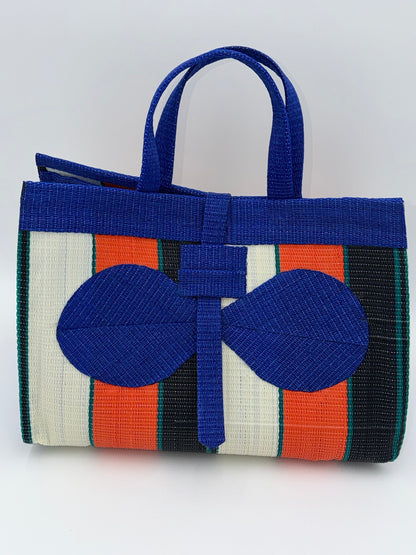 Orange Blocks Large handwoven tote bag by SCRUBIES in Blue,Cream,Green,Red,Black with Block design and Bow accent pattern