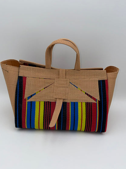 Africana Large handwoven tote bag by SCRUBIES in Beige,Black,Red,Yellow,Blue with Stripes design and Abstract accent pattern
