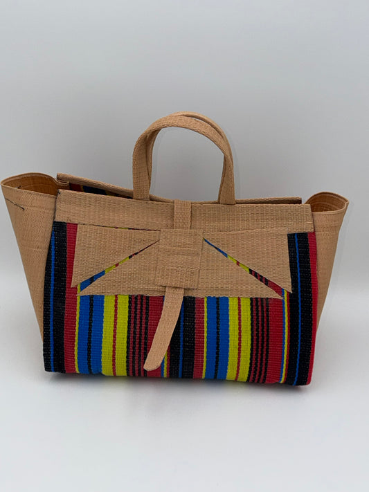 Africana Large handwoven tote bag by SCRUBIES in Beige,Black,Red,Yellow,Blue with Stripes design and Abstract accent pattern