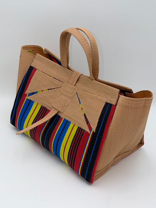 Africana Large handwoven tote bag by SCRUBIES in Beige,Black,Red,Yellow,Blue with Stripes design and Abstract accent pattern