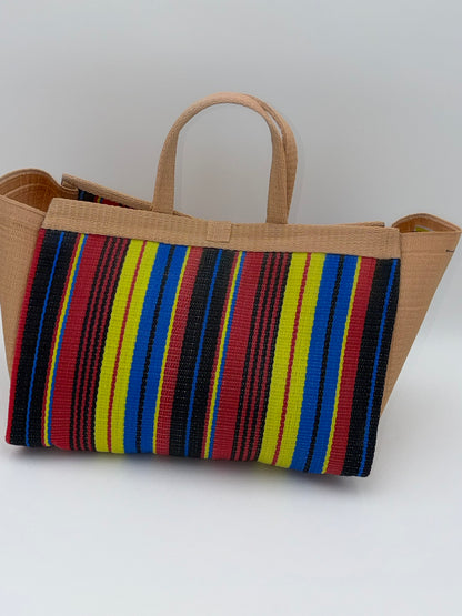 Africana Large handwoven tote bag by SCRUBIES in Beige,Black,Red,Yellow,Blue with Stripes design and Abstract accent pattern