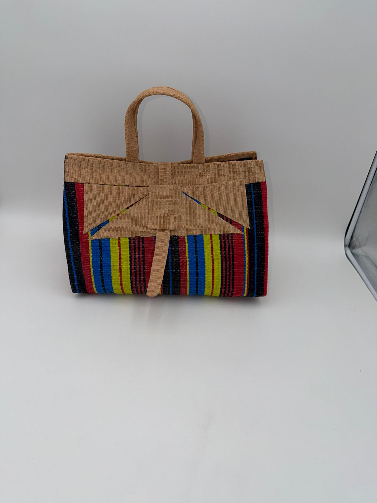 Africana Large handwoven tote bag by SCRUBIES in Beige,Black,Red,Yellow,Blue with Stripes design and Abstract accent pattern