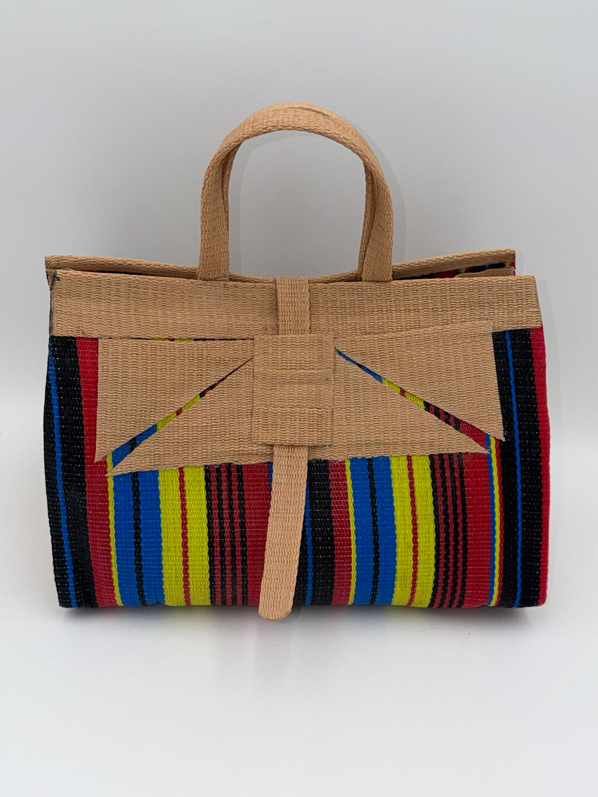 Africana Large handwoven tote bag by SCRUBIES in Beige,Black,Red,Yellow,Blue with Stripes design and Abstract accent pattern