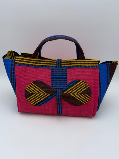 Candy Large handwoven tote bag by SCRUBIES in Pink,Blue,Brown,Yellow with Solid design and Bow accent pattern