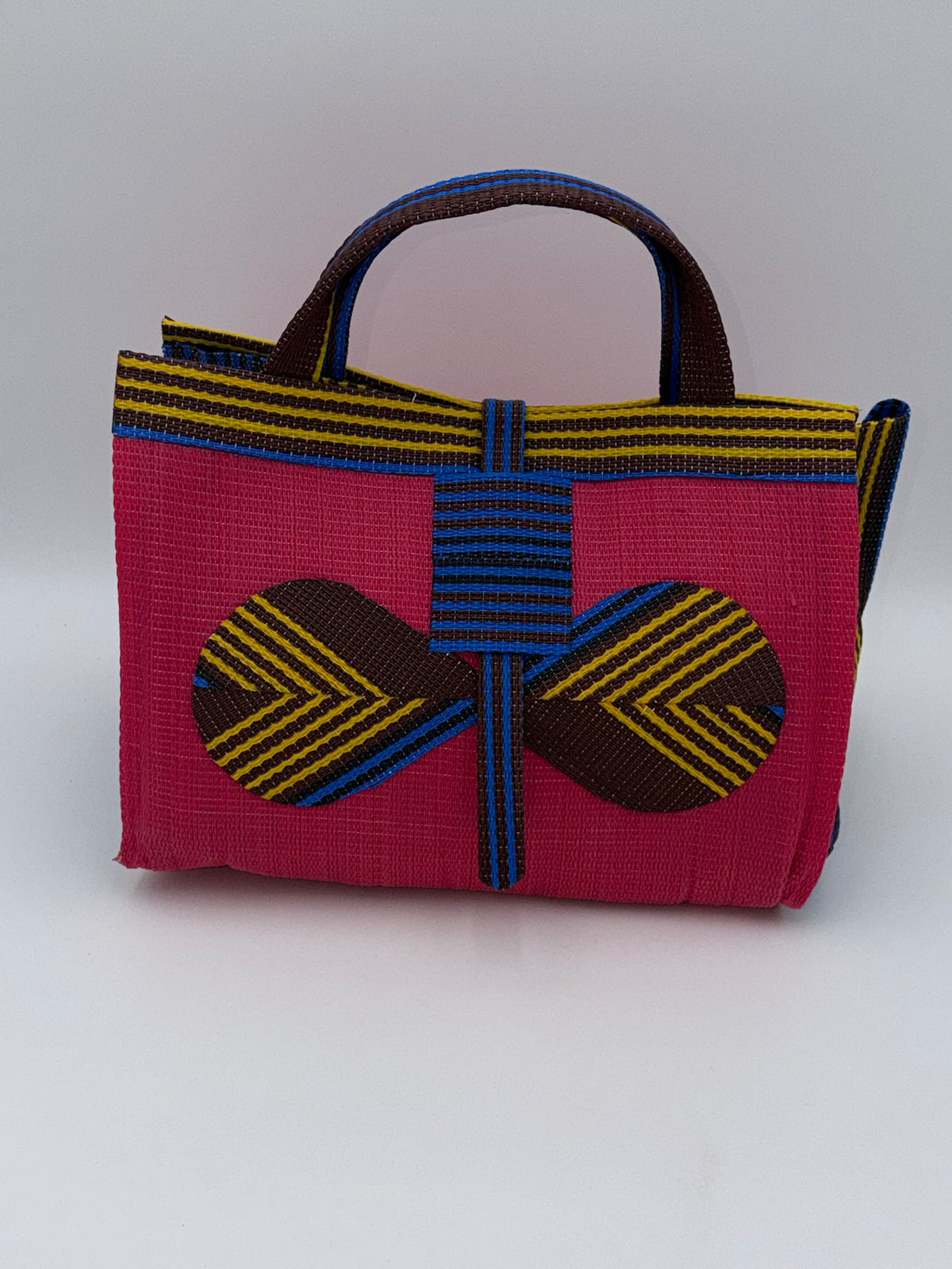 Candy Large handwoven tote bag by SCRUBIES in Pink,Blue,Brown,Yellow with Solid design and Bow accent pattern