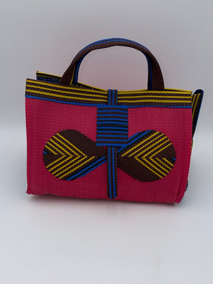 Candy Large handwoven tote bag by SCRUBIES in Pink,Blue,Brown,Yellow with Solid design and Bow accent pattern
