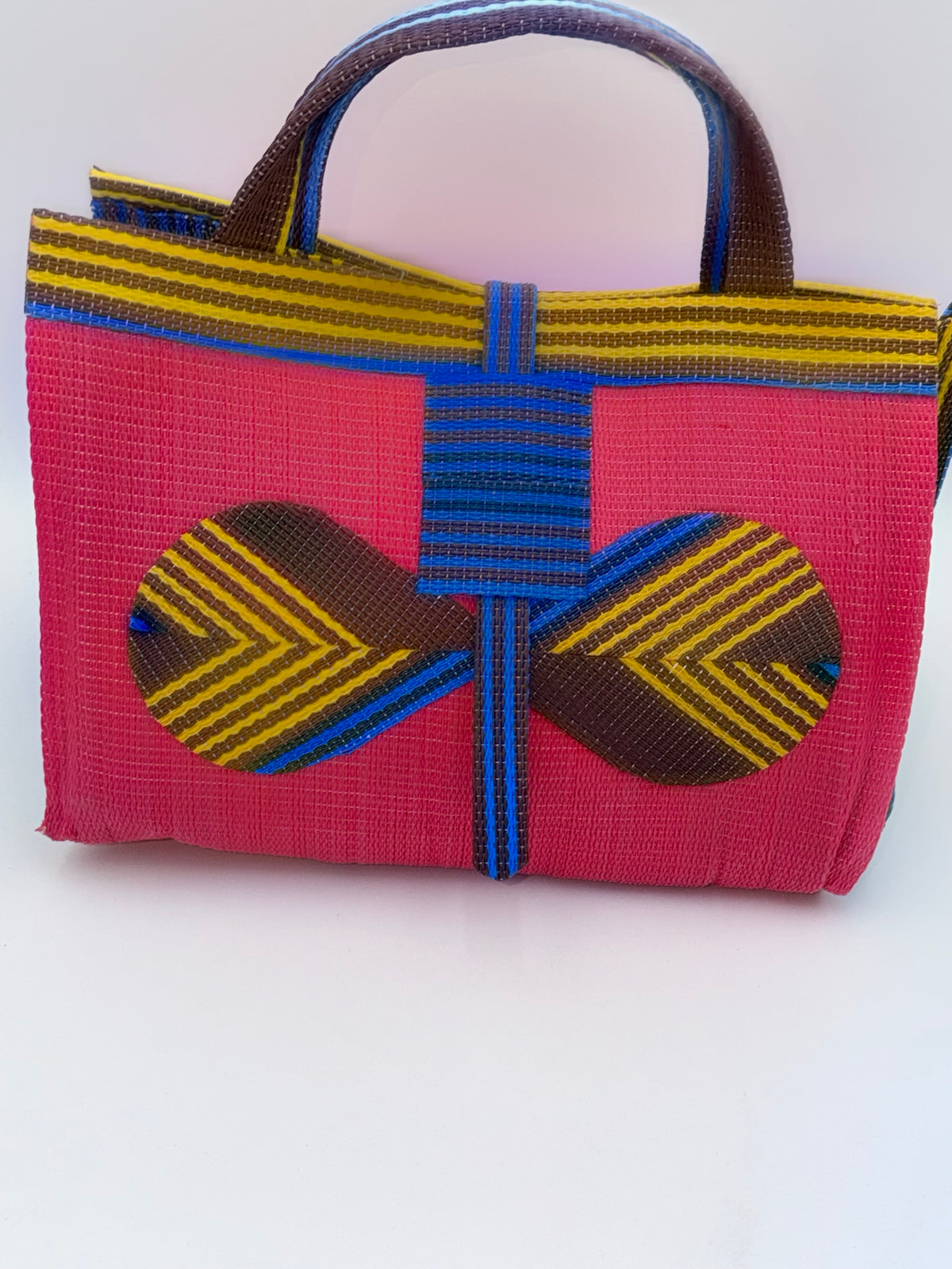 Candy Large handwoven tote bag by SCRUBIES in Pink,Blue,Brown,Yellow with Solid design and Bow accent pattern