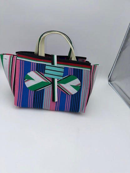 Candy Large handwoven tote bag by SCRUBIES in Pink,Blue,Brown,Yellow with Solid design and Bow accent pattern