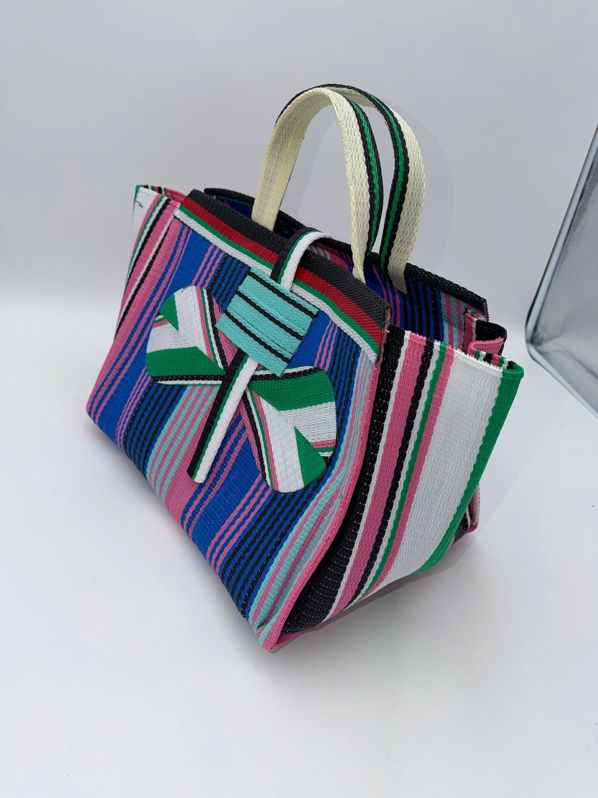 Candy Large handwoven tote bag by SCRUBIES in Pink,Blue,Brown,Yellow with Solid design and Bow accent pattern