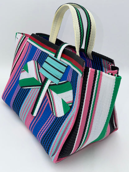 Candy Large handwoven tote bag by SCRUBIES in Pink,Blue,Brown,Yellow with Solid design and Bow accent pattern