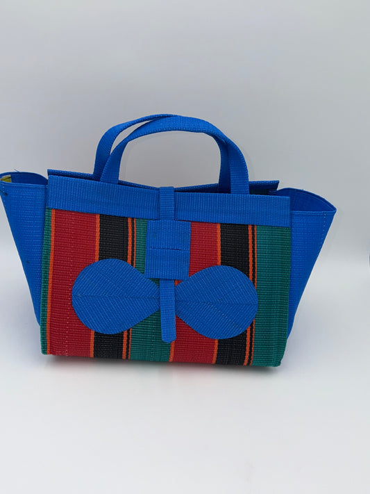 Red Blocks Large handwoven tote bag by SCRUBIES in Blue,Red,Black,Green, with Block design and Bow accent pattern