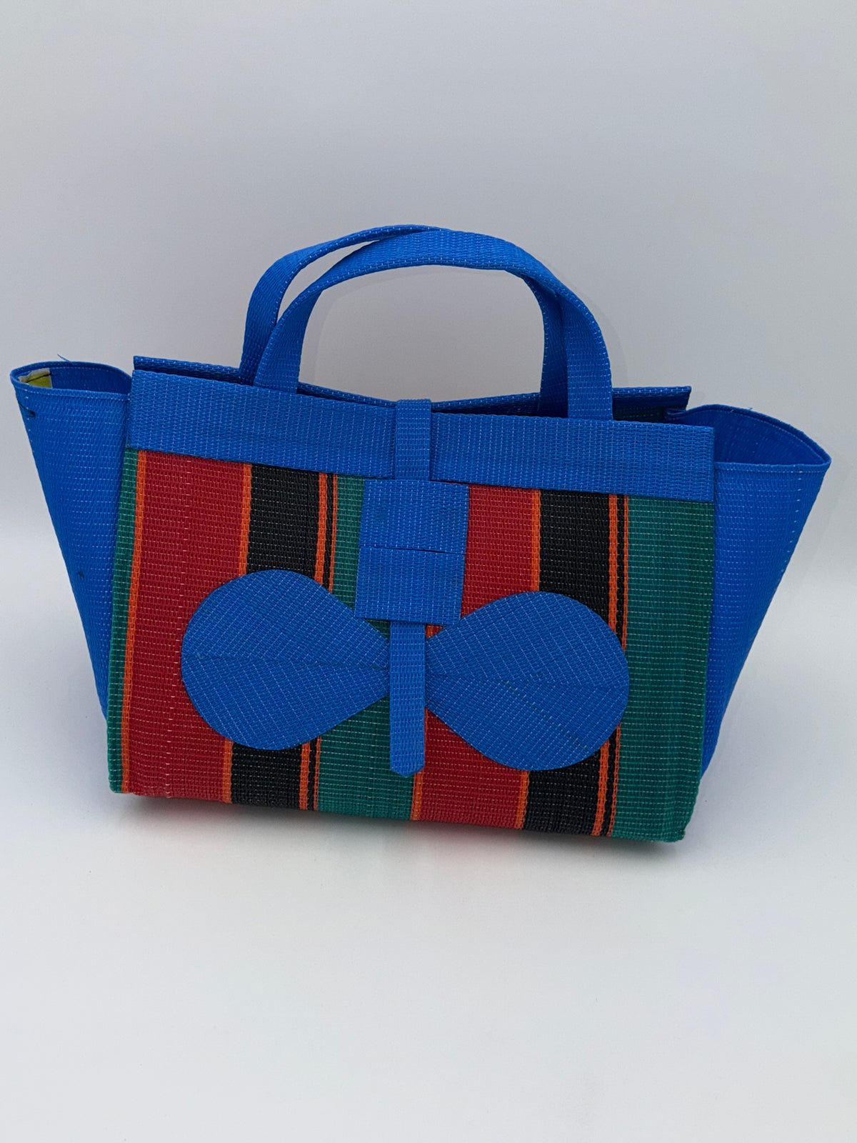 Red Blocks Large handwoven tote bag by SCRUBIES in Blue,Red,Black,Green, with Block design and Bow accent pattern