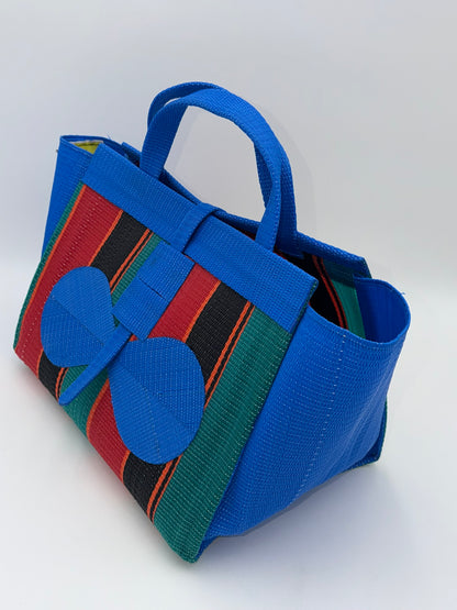 Red Blocks Large handwoven tote bag by SCRUBIES in Blue,Red,Black,Green, with Block design and Bow accent pattern