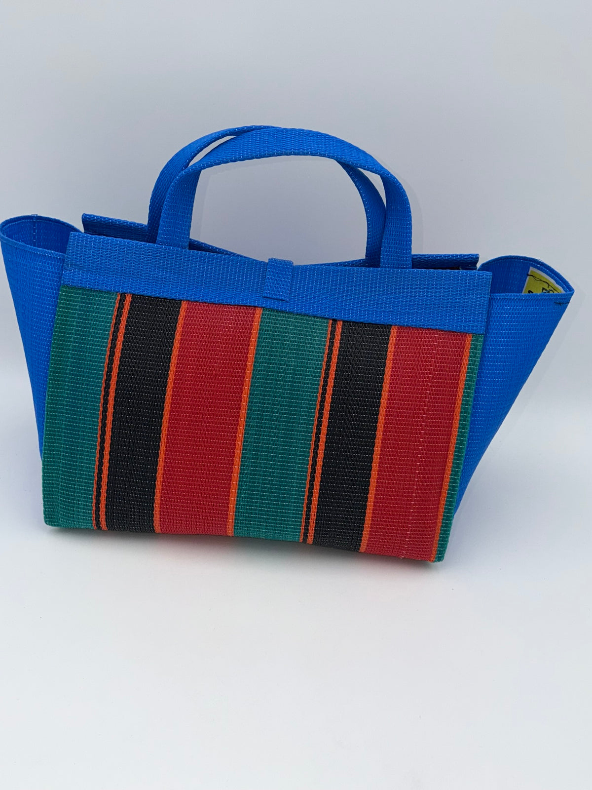 Red Blocks Large handwoven tote bag by SCRUBIES in Blue,Red,Black,Green, with Block design and Bow accent pattern
