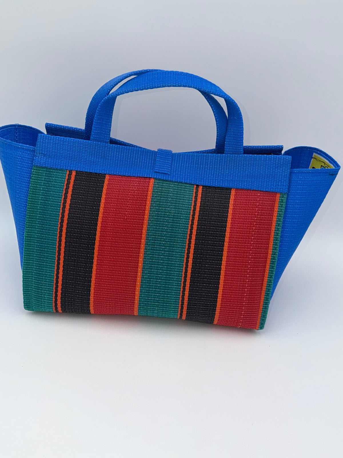 Red Blocks Large handwoven tote bag by SCRUBIES in Blue,Red,Black,Green, with Block design and Bow accent pattern