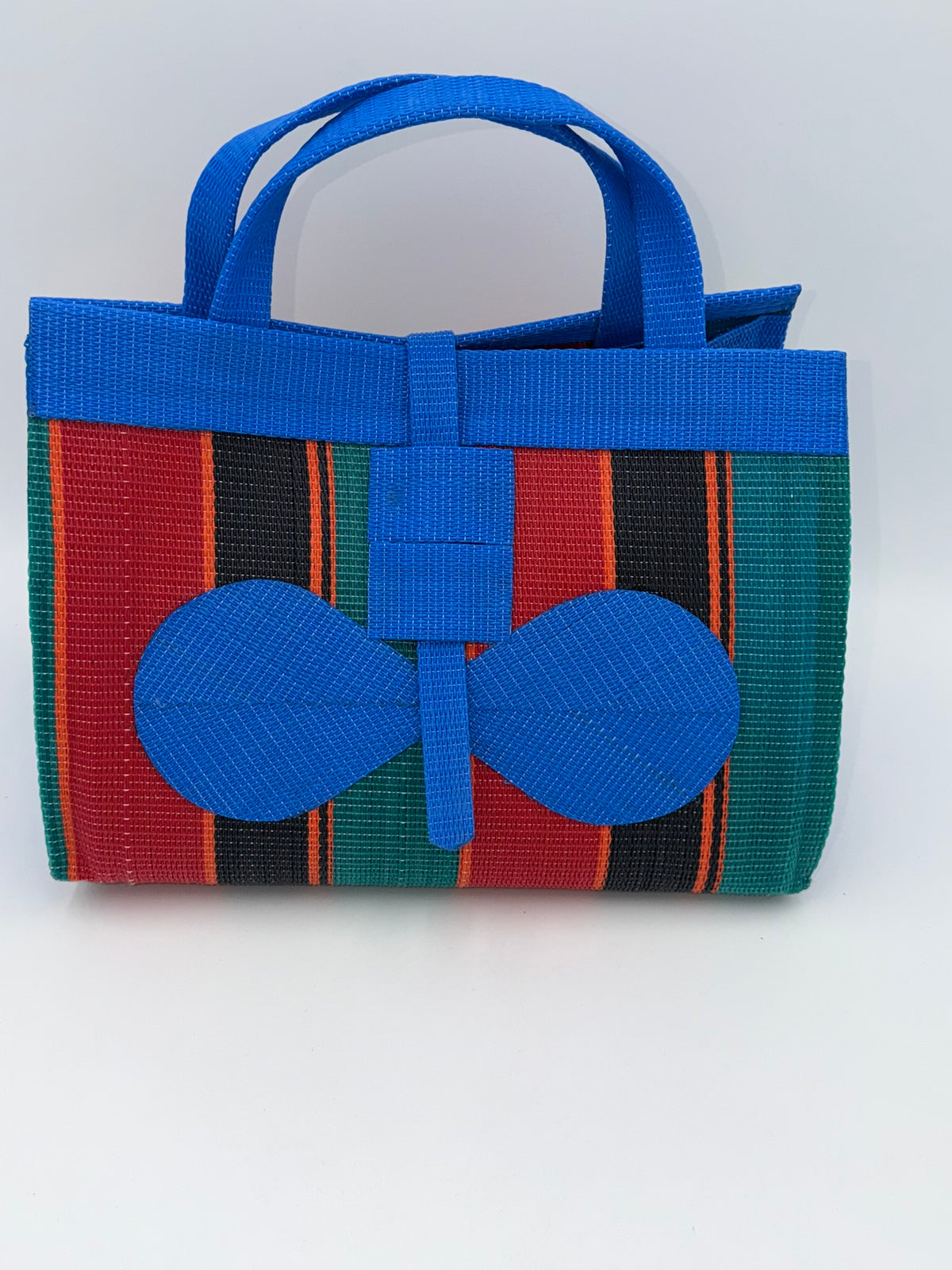 Red Blocks Large handwoven tote bag by SCRUBIES in Blue,Red,Black,Green, with Block design and Bow accent pattern