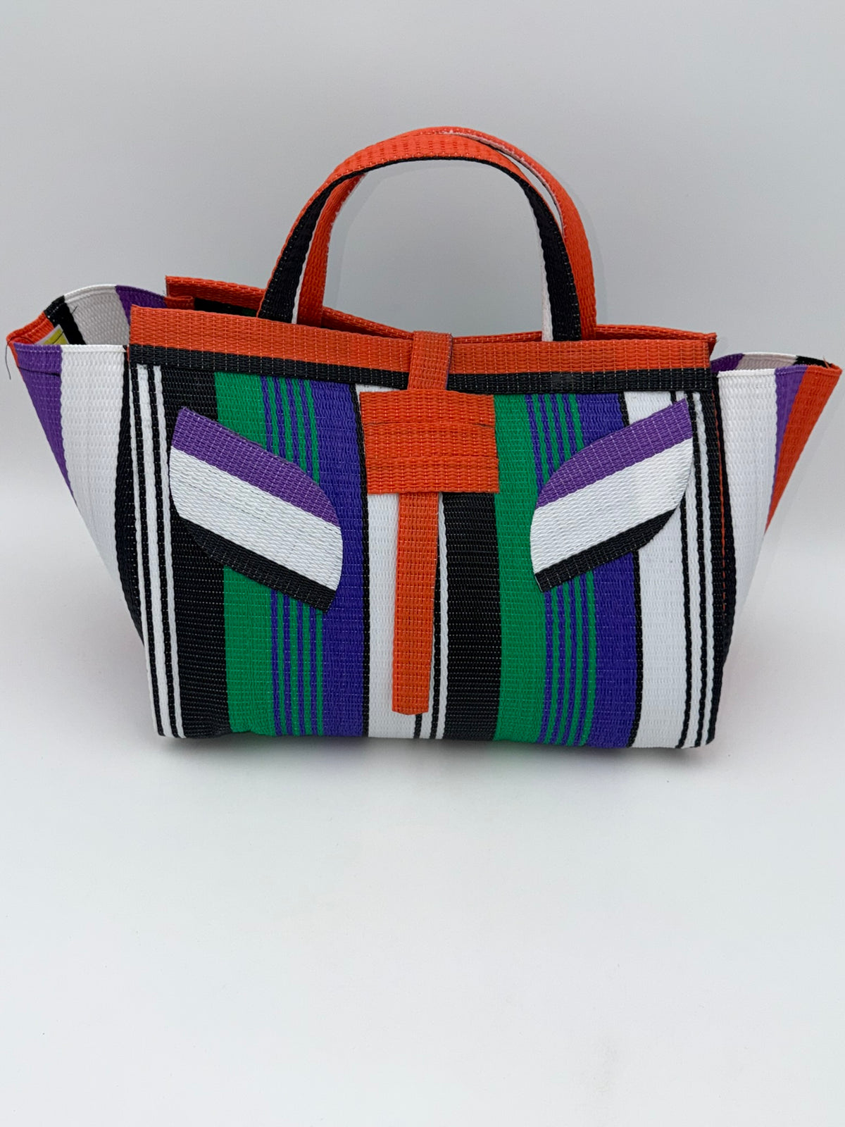 Emerald Large handwoven tote bag by SCRUBIES in Orange,Black,White,Purple,Green with Stripes design and Leaf accent pattern