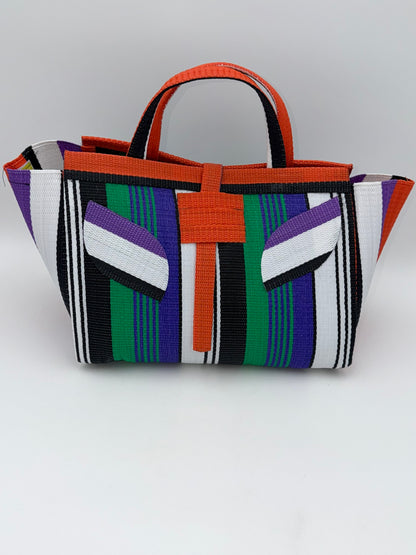 Emerald Large handwoven tote bag by SCRUBIES in Orange,Black,White,Purple,Green with Stripes design and Leaf accent pattern