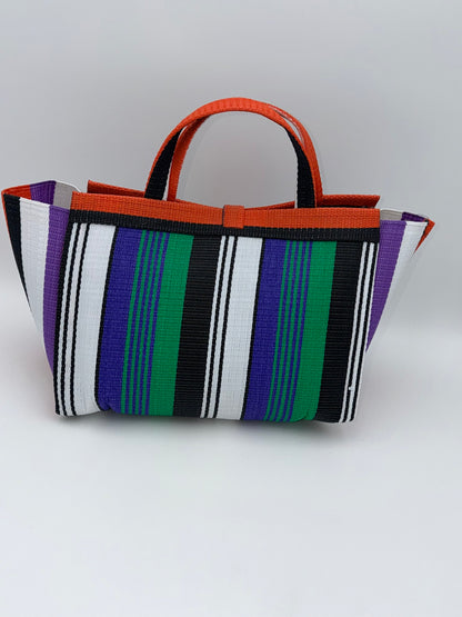 Emerald Large handwoven tote bag by SCRUBIES in Orange,Black,White,Purple,Green with Stripes design and Leaf accent pattern