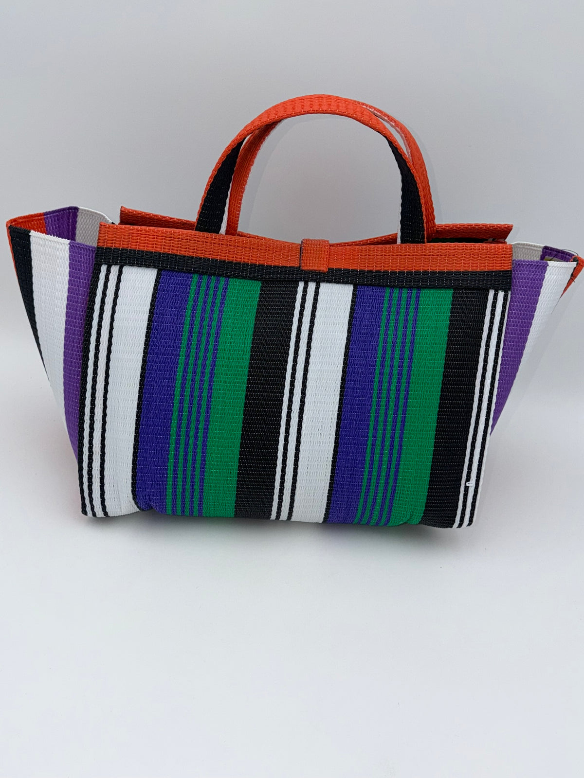 Emerald Large handwoven tote bag by SCRUBIES in Orange,Black,White,Purple,Green with Stripes design and Leaf accent pattern