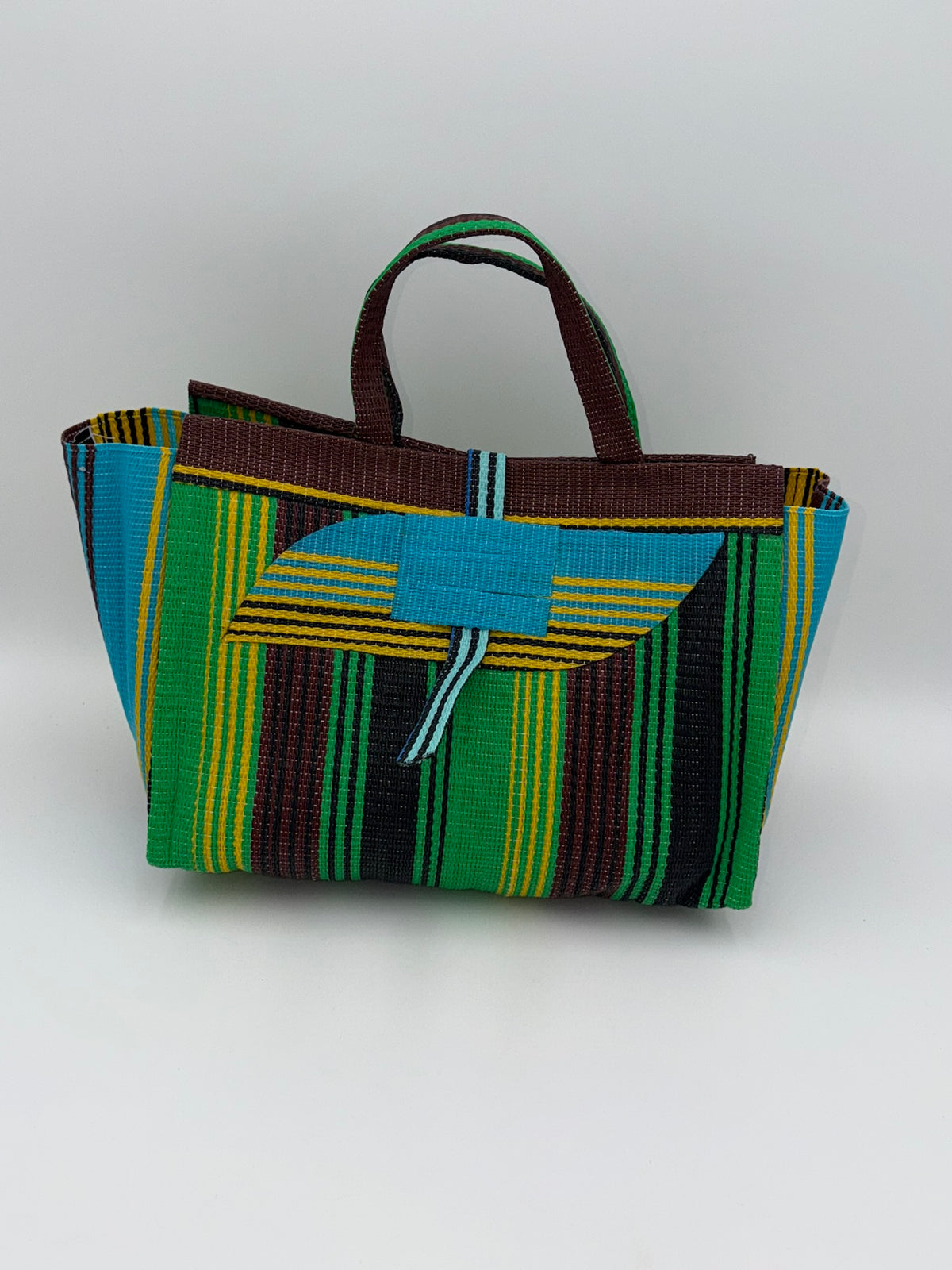 Emerald Large handwoven tote bag by SCRUBIES in Brown,Green,Yellow,Blue with Stripes design and Almond accent pattern