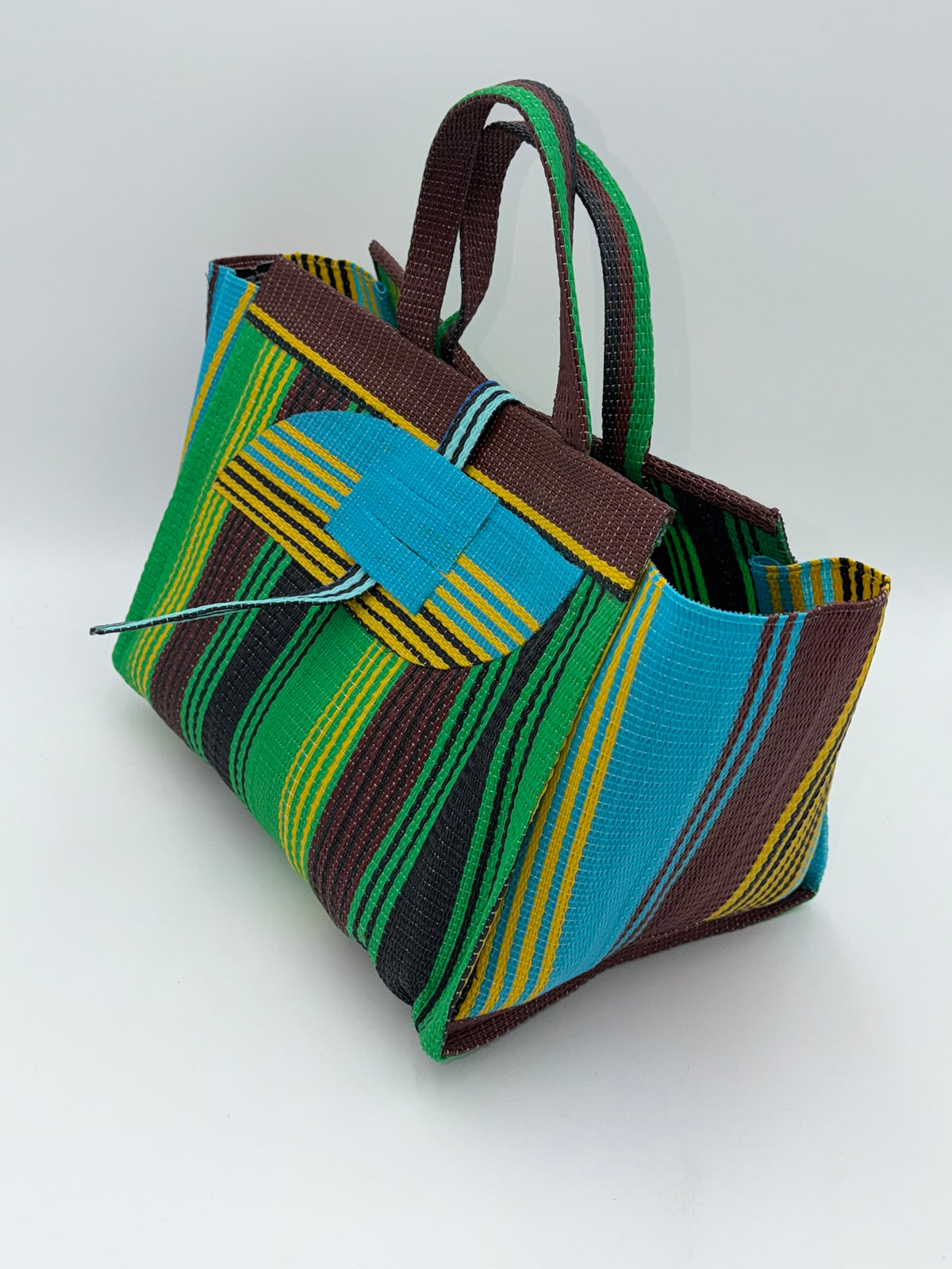 Emerald Large handwoven tote bag by SCRUBIES in Brown,Green,Yellow,Blue with Stripes design and Almond accent pattern