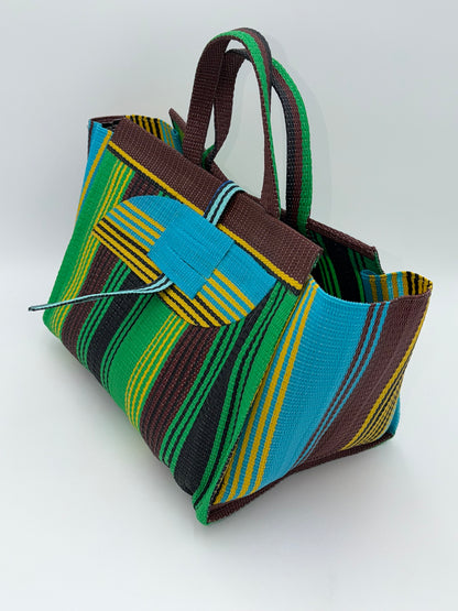 Emerald Large handwoven tote bag by SCRUBIES in Brown,Green,Yellow,Blue with Stripes design and Almond accent pattern