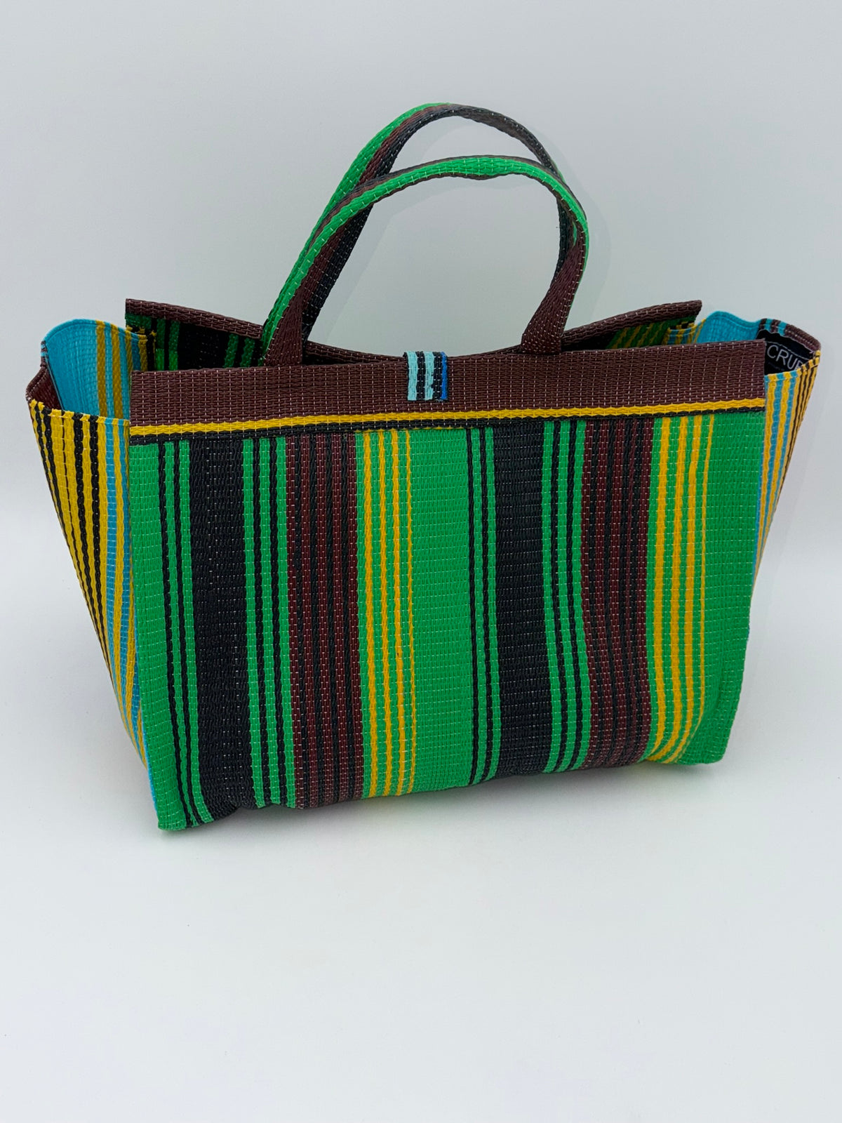 Emerald Large handwoven tote bag by SCRUBIES in Brown,Green,Yellow,Blue with Stripes design and Almond accent pattern