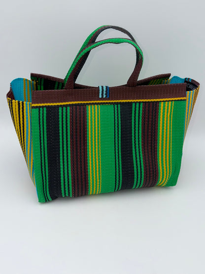 Emerald Large handwoven tote bag by SCRUBIES in Brown,Green,Yellow,Blue with Stripes design and Almond accent pattern