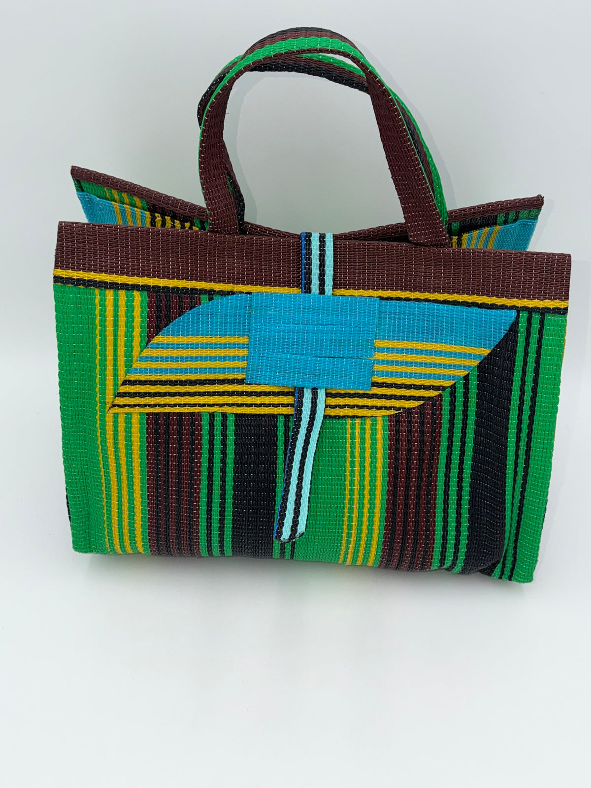 Emerald Large handwoven tote bag by SCRUBIES in Brown,Green,Yellow,Blue with Stripes design and Almond accent pattern