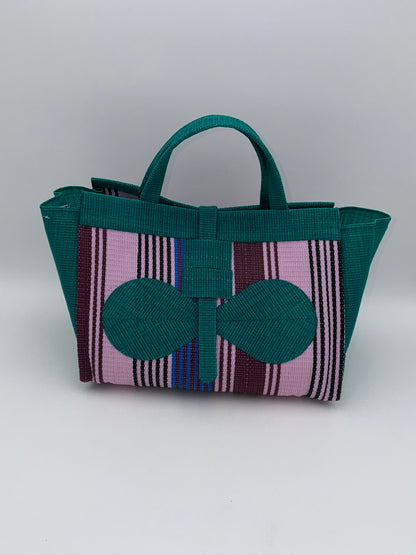 Candy Large handwoven tote bag by SCRUBIES in Green,Pink,Wine with Stripes design and Bow accent pattern