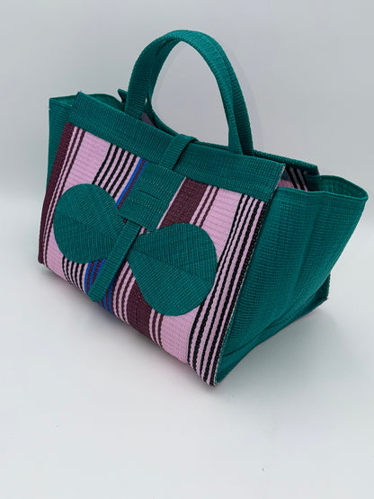 Candy Large handwoven tote bag by SCRUBIES in Green,Pink,Wine with Stripes design and Bow accent pattern