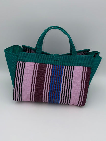Candy Large handwoven tote bag by SCRUBIES in Green,Pink,Wine with Stripes design and Bow accent pattern