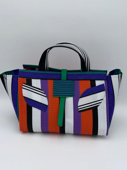 Orange Blocks Large handwoven tote bag by SCRUBIES in Orange,Black,White,Purple,Green with Block design and Leaf accent pattern