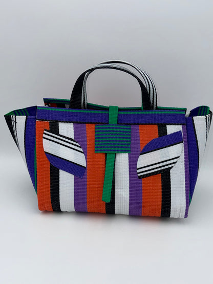 Orange Blocks Large handwoven tote bag by SCRUBIES in Orange,Black,White,Purple,Green with Block design and Leaf accent pattern