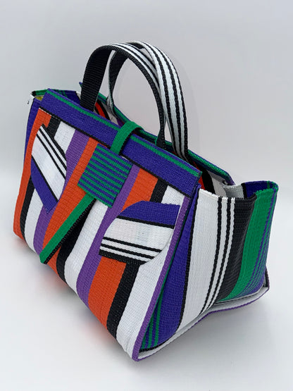 Orange Blocks Large handwoven tote bag by SCRUBIES in Orange,Black,White,Purple,Green with Block design and Leaf accent pattern