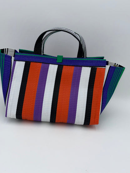 Orange Blocks Large handwoven tote bag by SCRUBIES in Orange,Black,White,Purple,Green with Block design and Leaf accent pattern