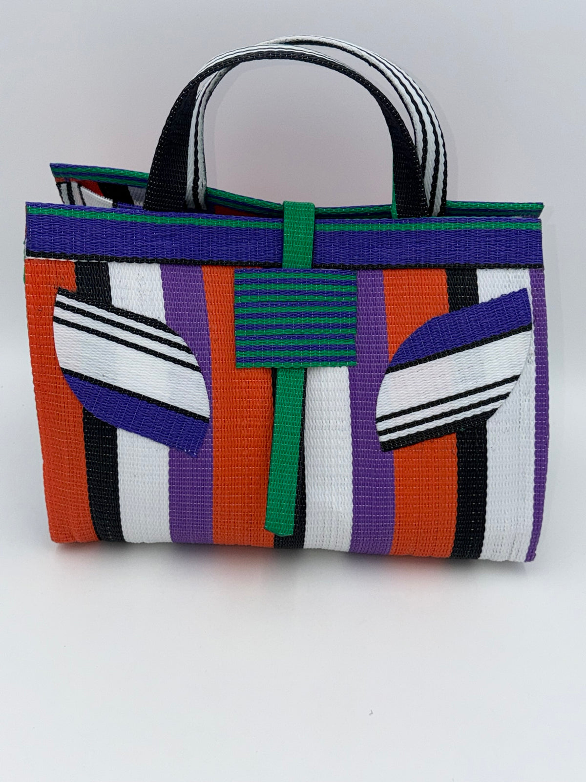 Orange Blocks Large handwoven tote bag by SCRUBIES in Orange,Black,White,Purple,Green with Block design and Leaf accent pattern