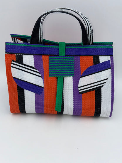 Orange Blocks Large handwoven tote bag by SCRUBIES in Orange,Black,White,Purple,Green with Block design and Leaf accent pattern
