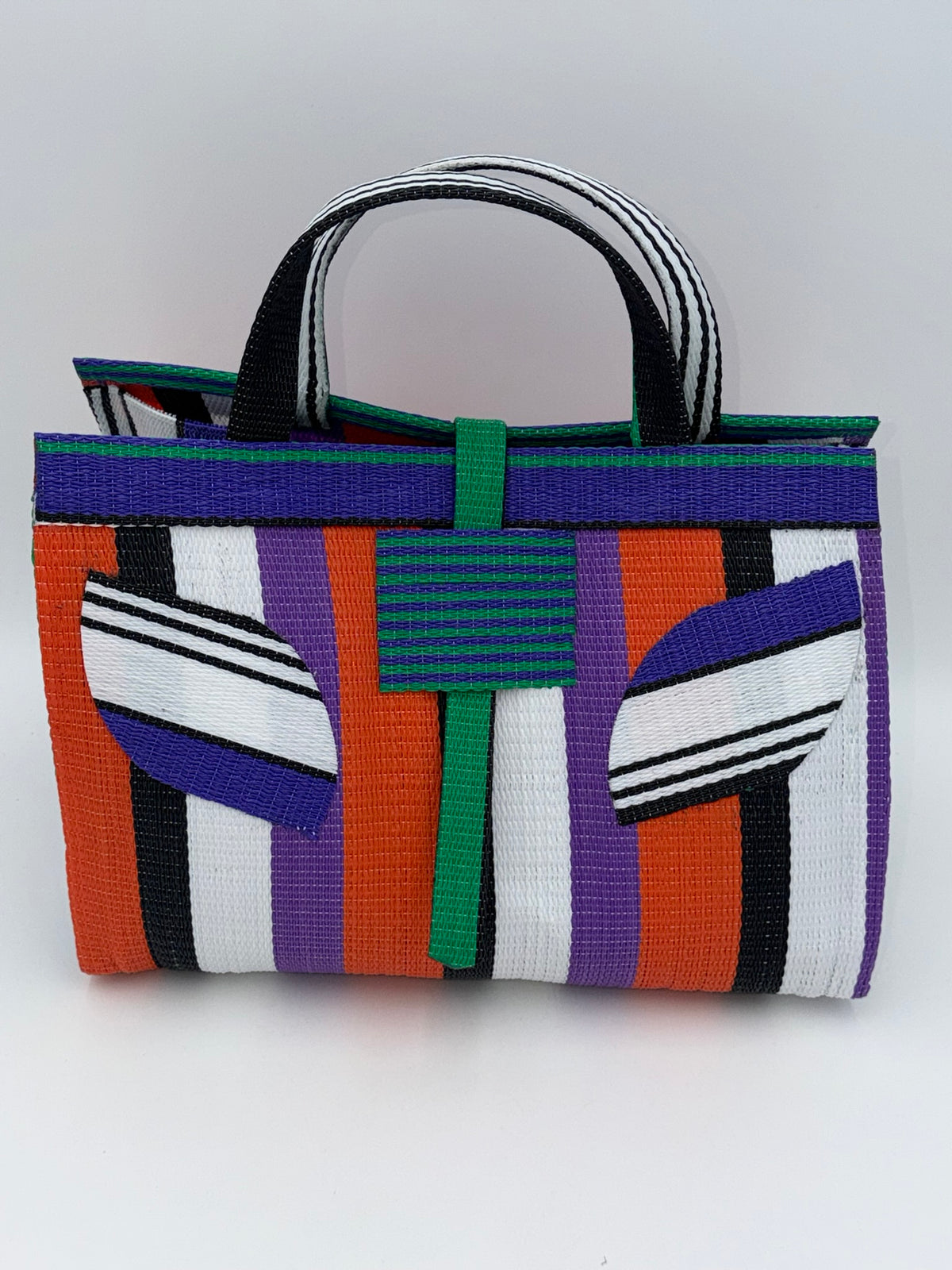 Orange Blocks Large handwoven tote bag by SCRUBIES in Orange,Black,White,Purple,Green with Block design and Leaf accent pattern