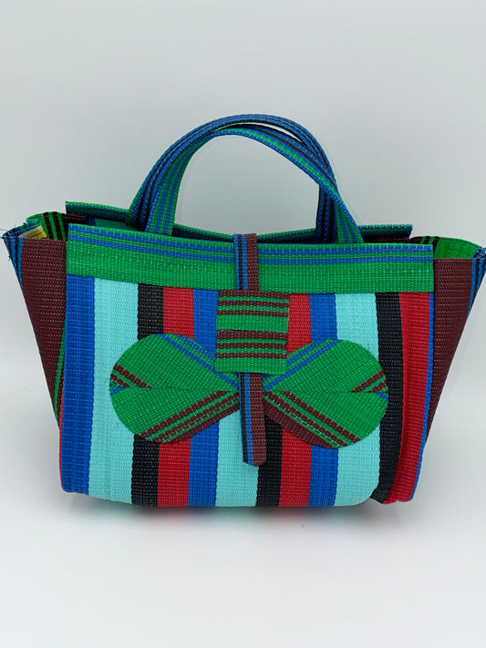 Teal Blocks Large handwoven tote bag by SCRUBIES in Teal,Black,Brown,Green,Red,Blue with Block design and Bow accent pattern