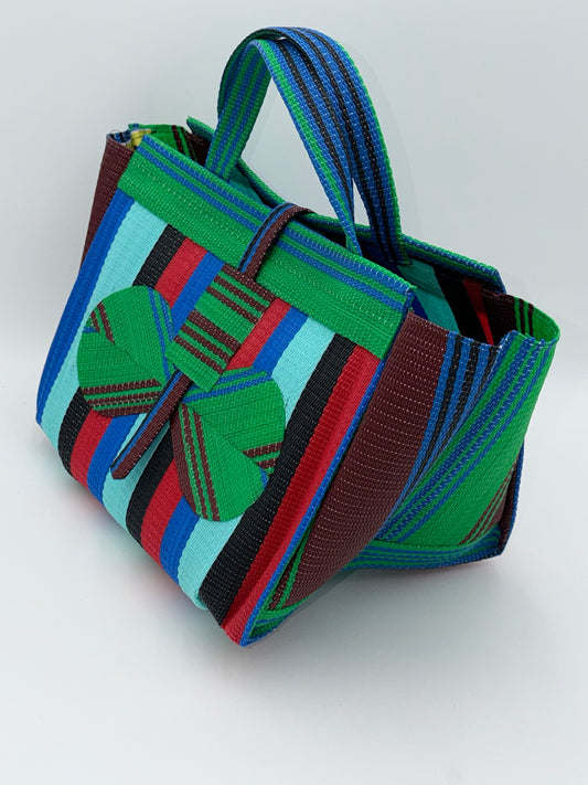 Teal Blocks Large handwoven tote bag by SCRUBIES in Teal,Black,Brown,Green,Red,Blue with Block design and Bow accent pattern