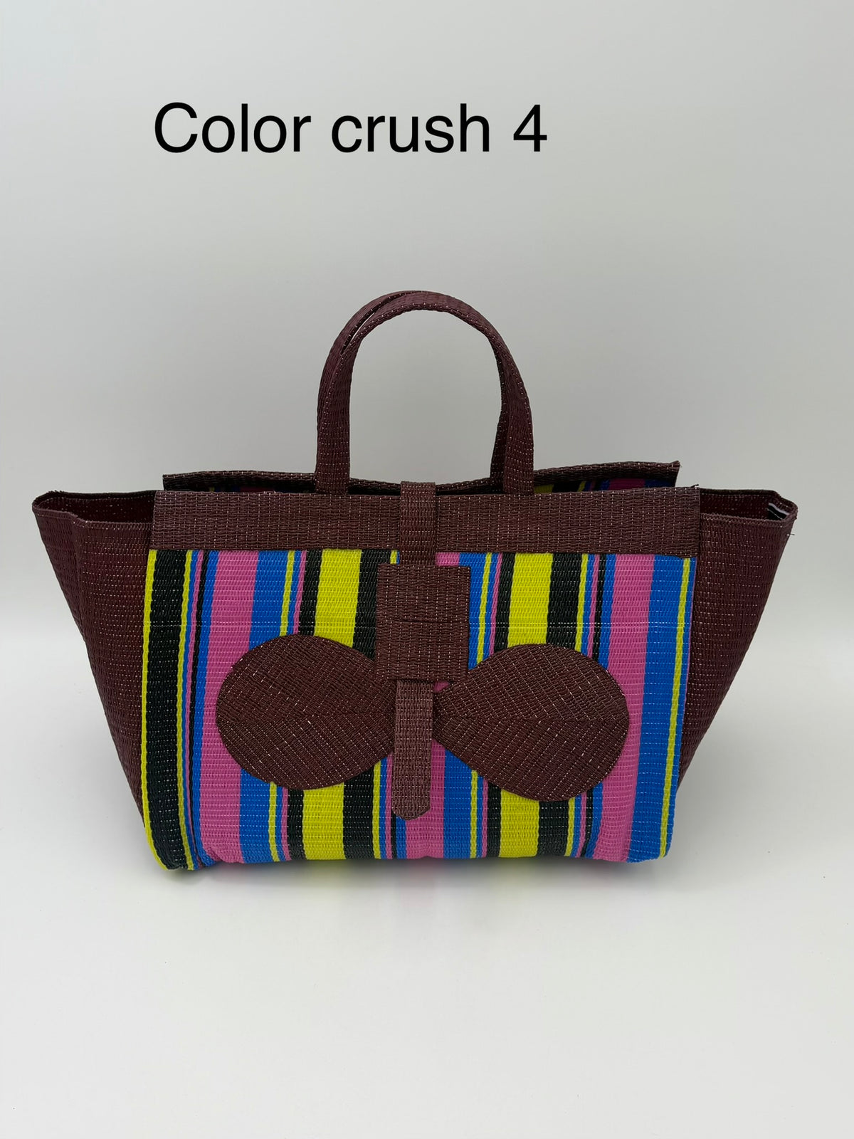 Sunshine Large handwoven tote bag by SCRUBIES in Brown,Pink,Yellow,Black,Blue with Stripes design and Bow accent pattern