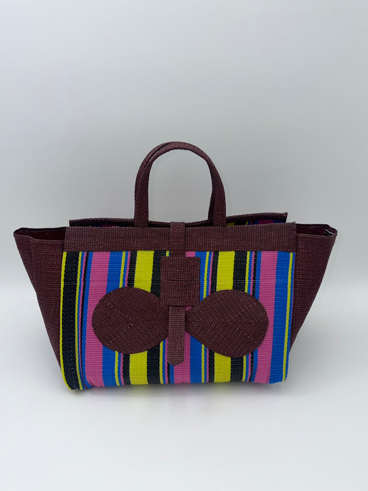 Sunshine Large handwoven tote bag by SCRUBIES in Brown,Pink,Yellow,Black,Blue with Stripes design and Bow accent pattern