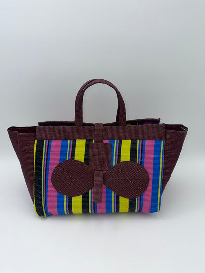 Sunshine Large handwoven tote bag by SCRUBIES in Brown,Pink,Yellow,Black,Blue with Stripes design and Bow accent pattern
