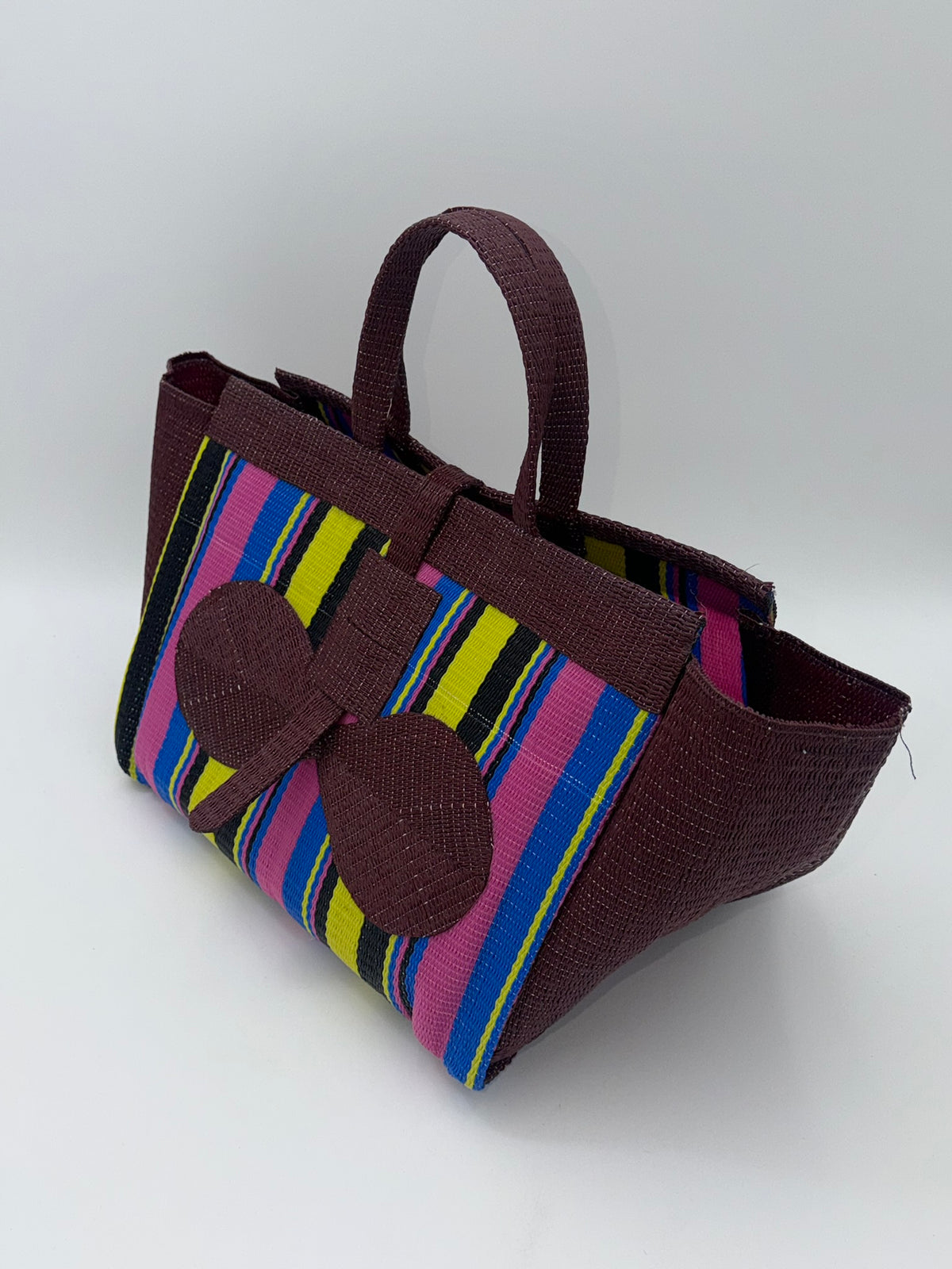 Sunshine Large handwoven tote bag by SCRUBIES in Brown,Pink,Yellow,Black,Blue with Stripes design and Bow accent pattern