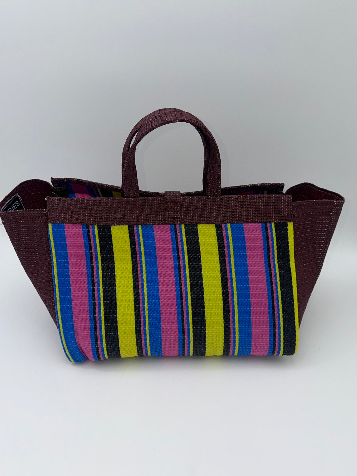 Sunshine Large handwoven tote bag by SCRUBIES in Brown,Pink,Yellow,Black,Blue with Stripes design and Bow accent pattern