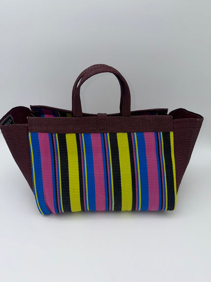 Sunshine Large handwoven tote bag by SCRUBIES in Brown,Pink,Yellow,Black,Blue with Stripes design and Bow accent pattern