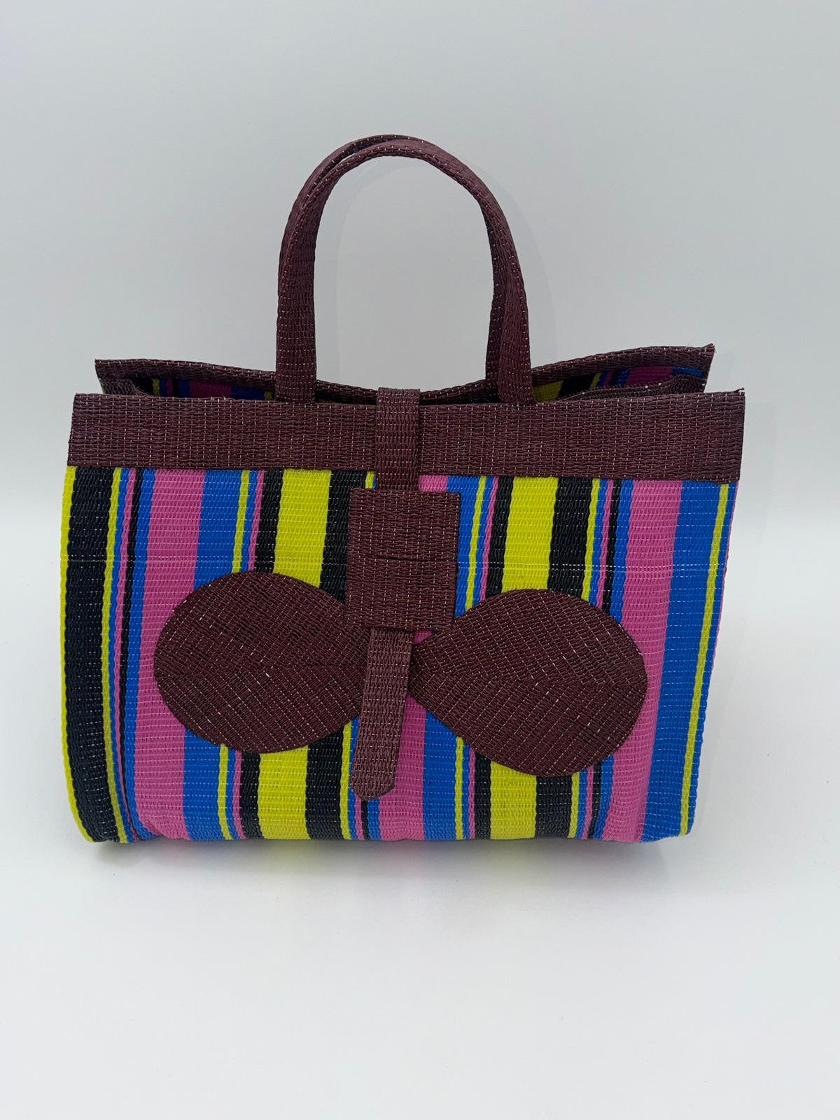 Sunshine Large handwoven tote bag by SCRUBIES in Brown,Pink,Yellow,Black,Blue with Stripes design and Bow accent pattern