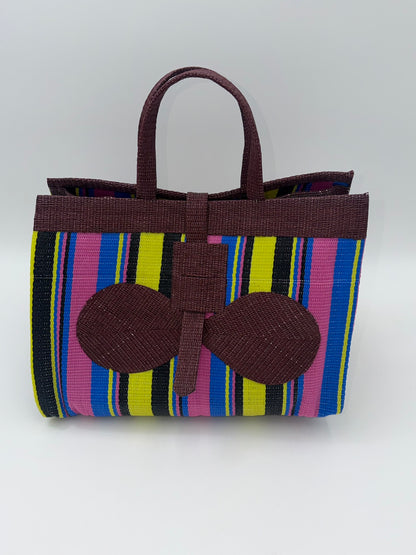 Sunshine Large handwoven tote bag by SCRUBIES in Brown,Pink,Yellow,Black,Blue with Stripes design and Bow accent pattern